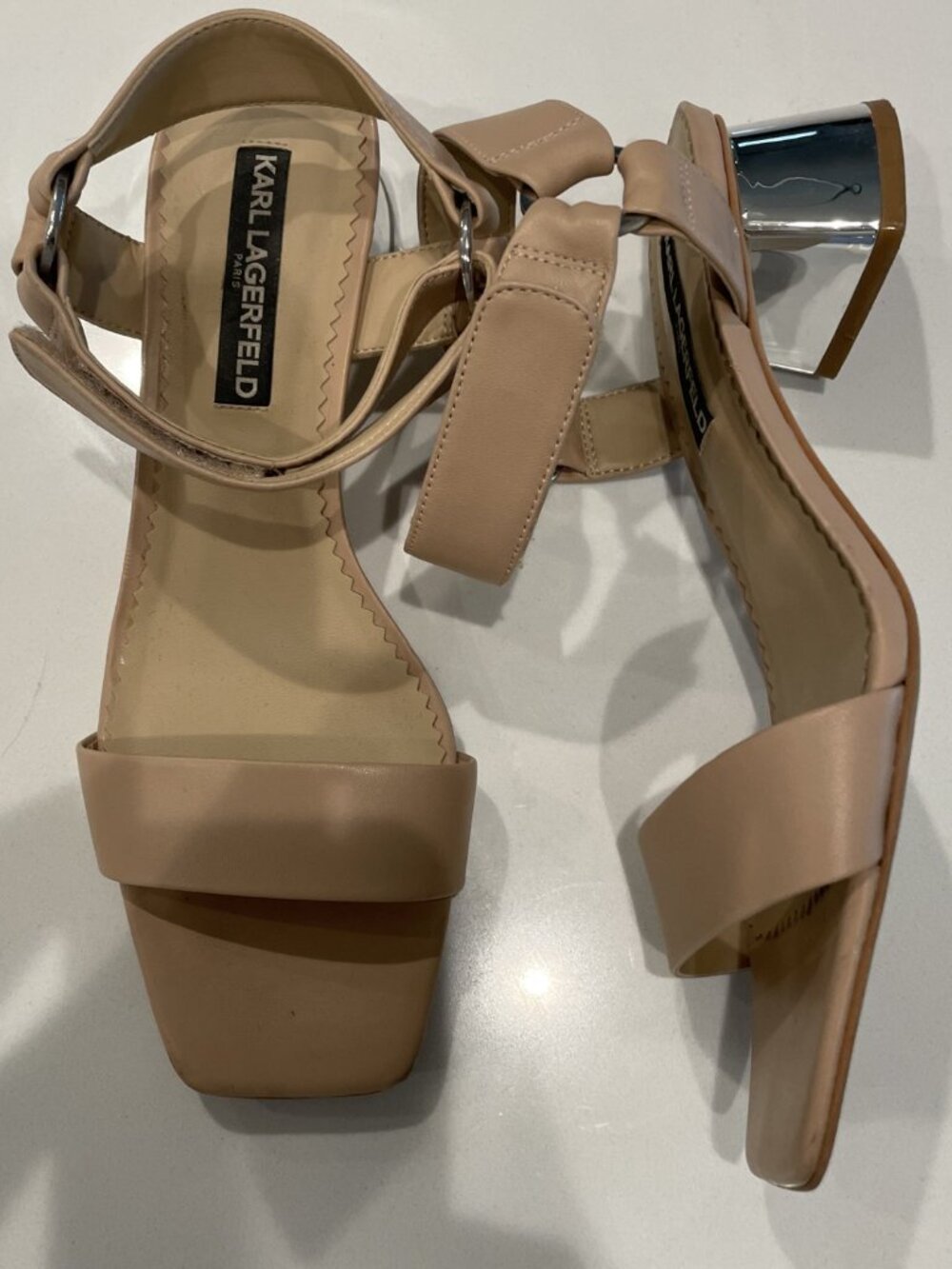 Karl Lagerfeld Tan Leather Chrome Block Heeled Sandals - Size 8 - Retail $139